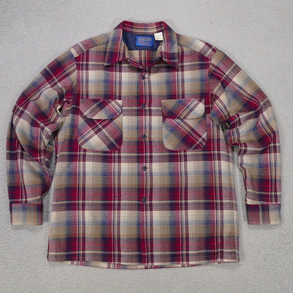 Vintage 70s Pendleton Wool Board Shirt Mens Large Plaid Loop Collar Made In USA